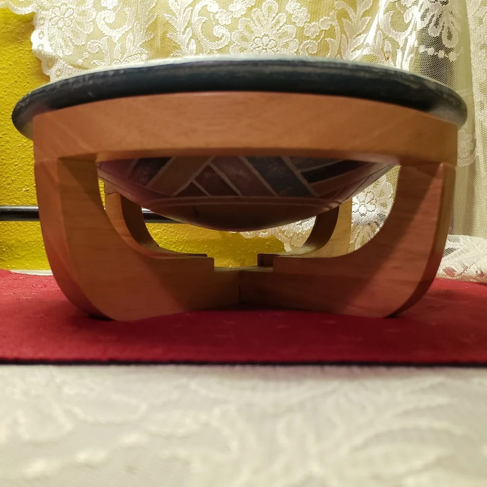 Vtg Heavy Ceramic Etched Bowl W/Wooden Stand